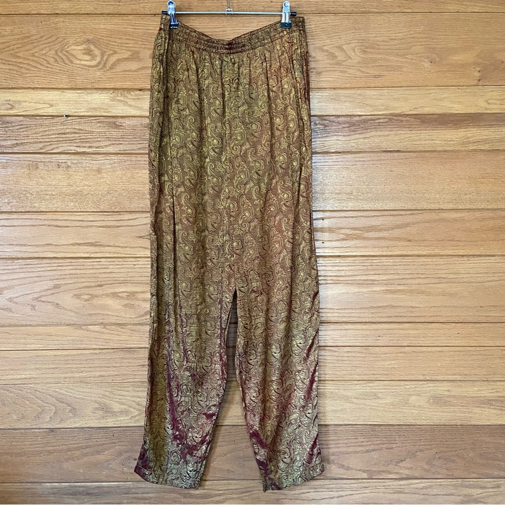 Vintage 90s Contempo Casuals gold burgundy metallic print elastic waist pants